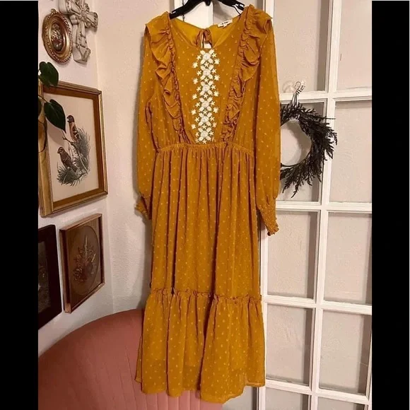 In Loom Dresses | Embroidered Swiss Dot Tiered Ruffle Long Sleeve Maxi Dress | Color: Gold/Yellow | Size: L | Emeraldearrings's Closet In Loom Dresses | Embroidered Swiss Dot Tiered Ruffle Long Sleeve Maxi Dress | Color: Gold/Yellow | Size: L | Emeraldearrings's Closet